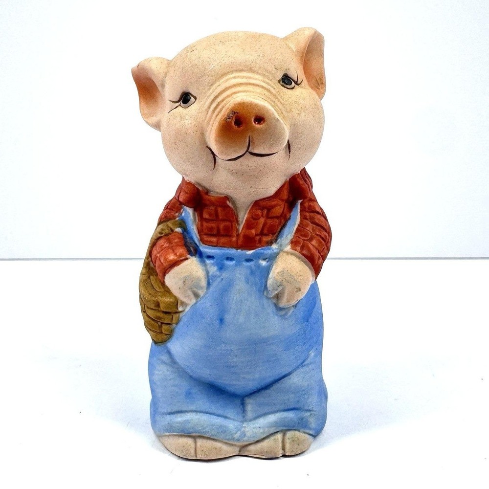 Vintage Jasco Taiwan Pig Bell Figurine Blue Overalls Farm Country Ceramic
